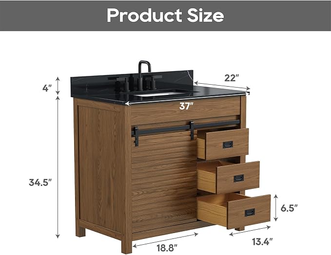 36 Inch Farmhouse Bathroom Vanity with Sink, Walnut | Pre Assembled Freestanding Bathroom Sink Cabinet, Sliding Barn Doors & Soft-Closing Drawers, Single Sink, Adjustable Feet