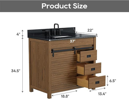 36 Inch Farmhouse Bathroom Vanity with Sink, Walnut | Pre Assembled Freestanding Bathroom Sink Cabinet, Sliding Barn Doors & Soft-Closing Drawers, Single Sink, Adjustable Feet