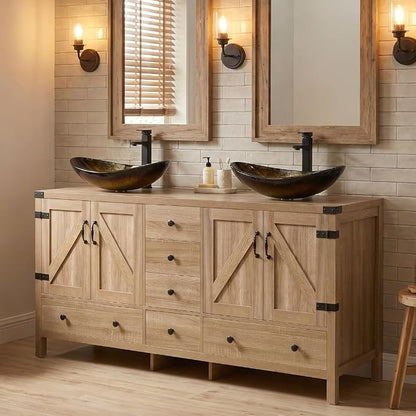 60 inch Natural Color Bathroom Vanity, Rustic Fixture Standing Pedestal Cabinet with Two Glod Boat Glass Sinks