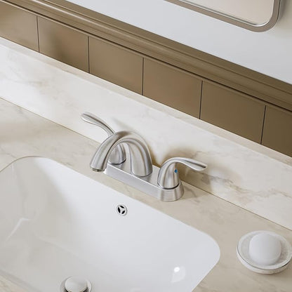 Phiestina Centerset 4 Inch Brushed Nickel 2 or 3 Holes Stainless Steel Bathroom Sink Faucet, 2 Handle Bathroom Faucet with Copper Pop Up Drain and Water Supply Lines, BF008-5-BN
