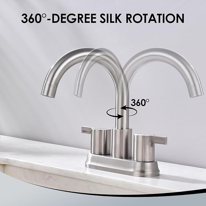 Two Handle 4 inch Brushed Nickel Bathroom Faucet, Bathroom Sink Faucet for 3 Holes with Pop-up Drain and 2 Supply Hoses, Lead-Free