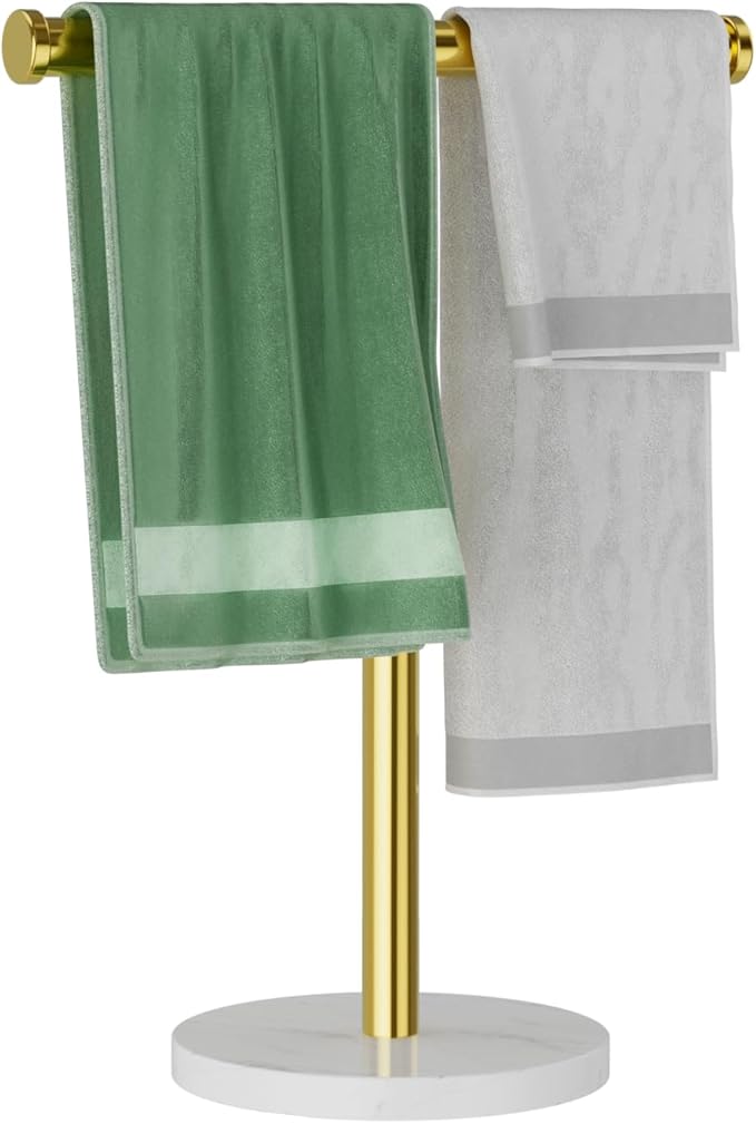 Hand Towel Holder for Bathroom Vanity, Freestanding Towel Stand, Gold | T-shape Stainless Steel Towel Rack with Heavy Marble Base for Hand Towels on Bathroom Vanities, Guest Baths or Counters