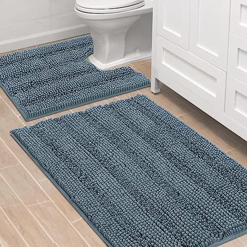H.VERSAILTEX Bathroom Rugs Bath Rug Set 2 Piece Bathroom Contour Rug Toilet Mat Sets Non Slip Contour Bath Rug Ultra Thick Water Absorbent Striped Bath Mats(36" x 24" Plus 20" x 24" U, Stone Blue)