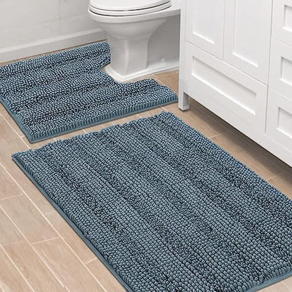 H.VERSAILTEX Bathroom Rugs Bath Rug Set 2 Piece Bathroom Contour Rug Toilet Mat Sets Non Slip Contour Bath Rug Ultra Thick Water Absorbent Striped Bath Mats(36" x 24" Plus 20" x 24" U, Stone Blue)
