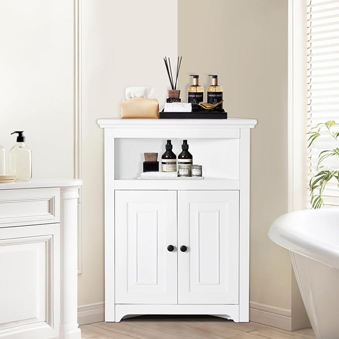 VEVOR 32" Corner Storage Cabinet, 3 Tiers Small Storage Cabinet with 2 Wooden Doors & Adjustable Shelves, Freestanding Corner Kitchen Cabinet for Living Room, Kitchen, Laundry Room, Bathroom, White