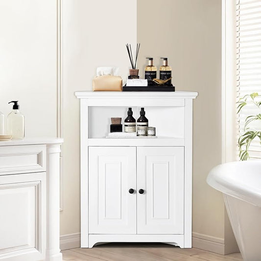 VEVOR 32" Corner Storage Cabinet, 3 Tiers Small Storage Cabinet with 2 Wooden Doors & Adjustable Shelves, Freestanding Corner Kitchen Cabinet for Living Room, Kitchen, Laundry Room, Bathroom, White