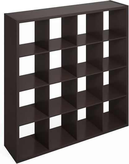 Furinno Simple Cube Storage Organizer, 16-Cube Display Shelf, Open Back Shelving Unit, Storage Shelves, Extra Thick Frame, for Organization and Storage, Living Room, Home Office, Dark Oak