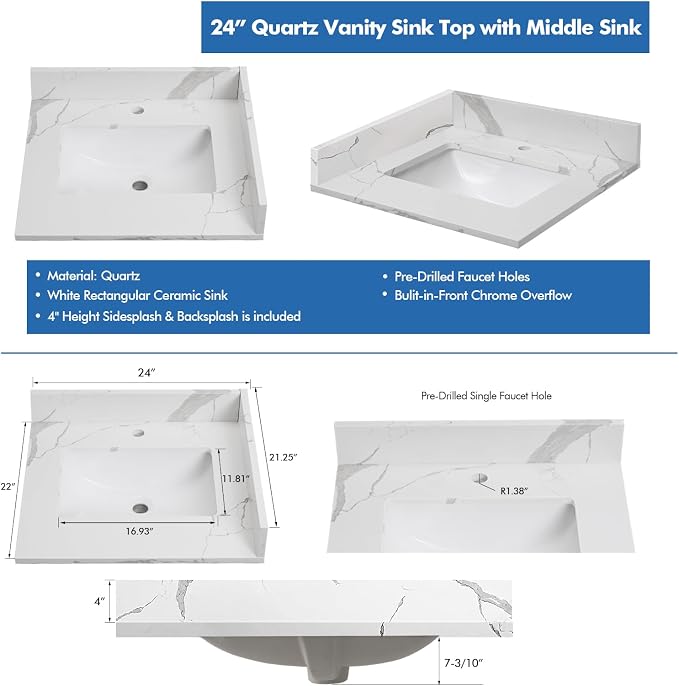 24 in.W x 22 in.D Quartz Calacatta River Vanity Top,with Undermount Middle Sink Vanity Top,with One Sidesplash & One Backsplash,Single Faucet Hole Spread Bathroom Vanity Sink Countertop