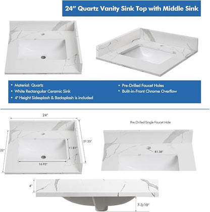 24 in.W x 22 in.D Quartz Calacatta River Vanity Top,with Undermount Middle Sink Vanity Top,with One Sidesplash & One Backsplash,Single Faucet Hole Spread Bathroom Vanity Sink Countertop