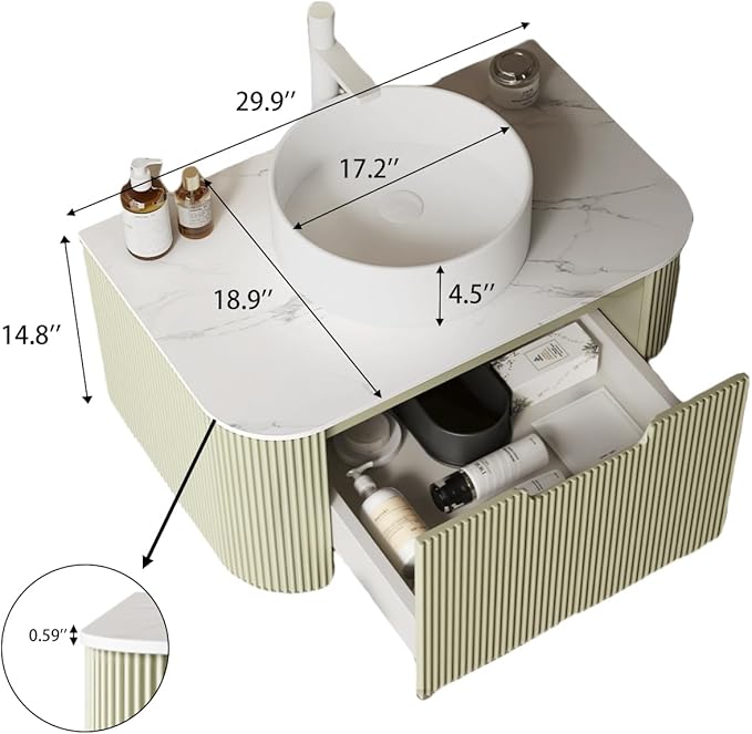Yayzy 30" Floating Bathroom Vanity with Sink, Solid Wood Fluted Cabinet, White Round Ceramic Basin & Faux Marble Top, Soft-Close Drawer, Pre-Assembled, Light Green