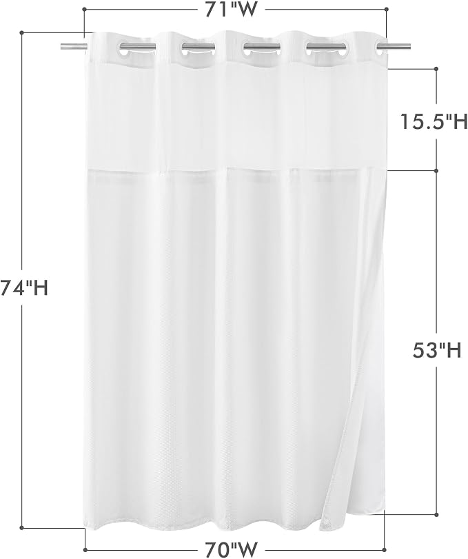 No Hook Shower Curtain with Snap-in Fabric Liner 71x74, White | Embossed Waffle-Look Textured, Sheer Window Hotel Style, Soft & Washable White Fabric Shower Curtain for Bathroom