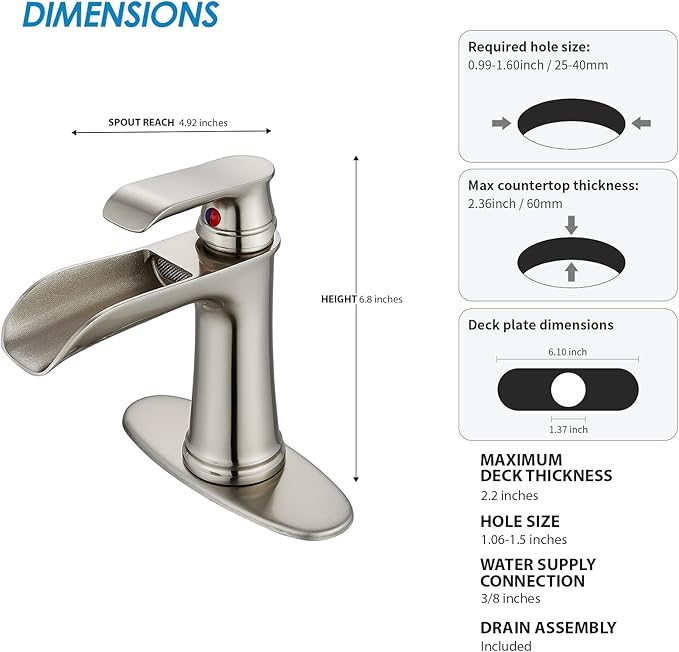 Brushed Nickel Bathroom Sink Faucet, Sanliv Single Handle Centerset Bathroom Faucet with Pop-Up Drain & Deck Plate for 1 or 3-Hole (4 inch), Brushed Nickel Waterfall Vanity Faucet