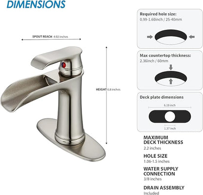 Brushed Nickel Bathroom Sink Faucet, Sanliv Single Handle Centerset Bathroom Faucet with Pop-Up Drain & Deck Plate for 1 or 3-Hole (4 inch), Brushed Nickel Waterfall Vanity Faucet