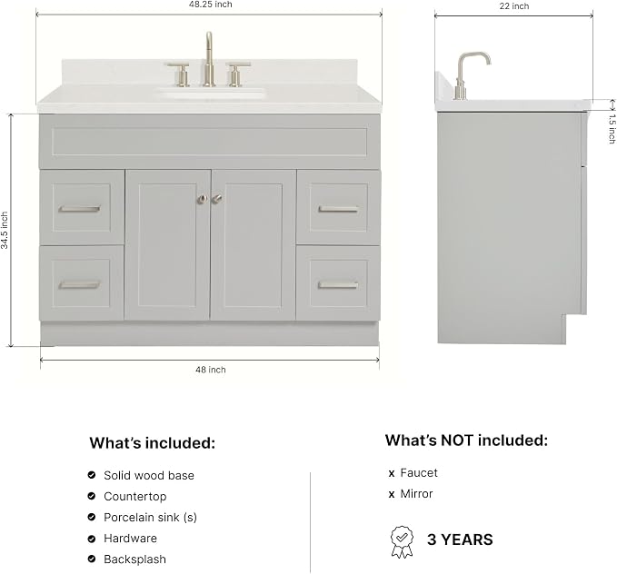DKB Bradford 48-Inch Bathroom Vanity with Sink — Grey Single Sink Bathroom Vanity, 1.5" Edge Carrara White Quartz Countertop, Solid Wood, 2 Soft-Close Doors, 4 Full Extension Dovetail Drawers