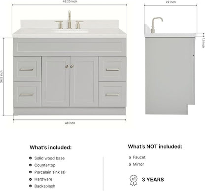 DKB Bradford 48-Inch Bathroom Vanity with Sink — Grey Single Sink Bathroom Vanity, 1.5" Edge Carrara White Quartz Countertop, Solid Wood, 2 Soft-Close Doors, 4 Full Extension Dovetail Drawers