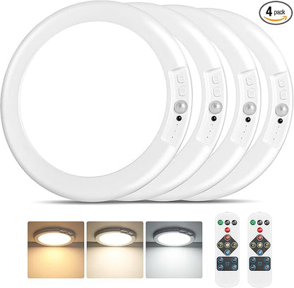 Rechargeable Motion Sensor Ceiling Light, Battery Operated Closet Light | Wireless Battery Powered LED Shower Light, Magnetic Cordless Ceiling Light with Remote, Overhead Lamp for Pantry Shed, 4-Pack