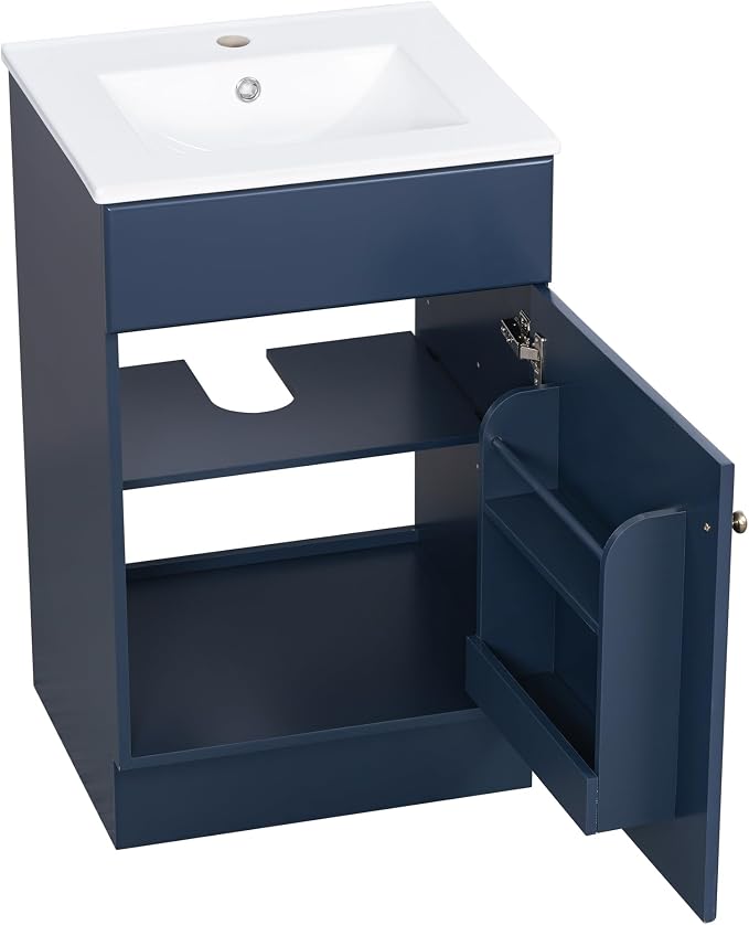 Christopher Knight Home Vanes Wood Frame 20" Bathroom Vanity with Ceramic Sink, Cabinet with Soft-Closing Door Shelf and Adjustable Shelf, Open Back, Metal Hardware, Storage/Organizer, Blue