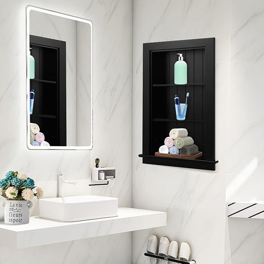 14 x 24 Medicine Cabinet Recessed, Wall Niche, Bathroom Wall Cabinet, 3-Tier, Between Studs Shelving for Drywall, Black