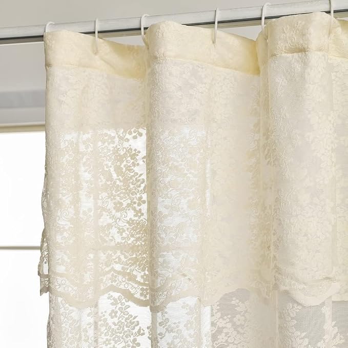 Ivory Lace Stall Shower Curtain 36x72, Stand-Up Style with Attached Valance | Standing Shower Curtain with Floral Lace and Scalloped trim, Filters Soft Light for Vintage Shabby Chic Small Bathrooms