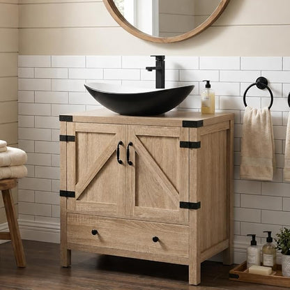28" Natural Color Bathroom Vanity, Rustic Fixture Standing Pedestal Cabinet with Black and White Ceramic Sink