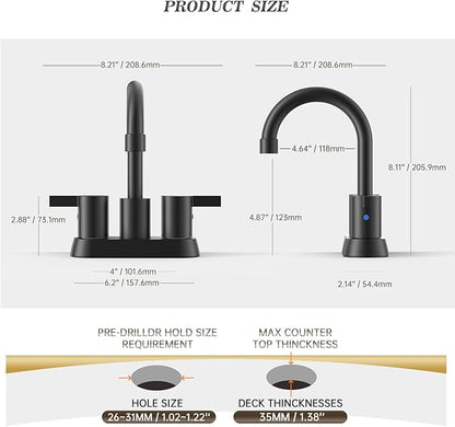 Phiestina 4 Inch 2 Handle Centerset Matte Black Lead-Free Modern Bathroom Faucet 2 Pack, 360 Swivel Spout 2-3 Hole RV Bathroom Vanity Sink Faucet with Pop Up Drain,Water Supply Lines,BF15-1-MB-2PACK