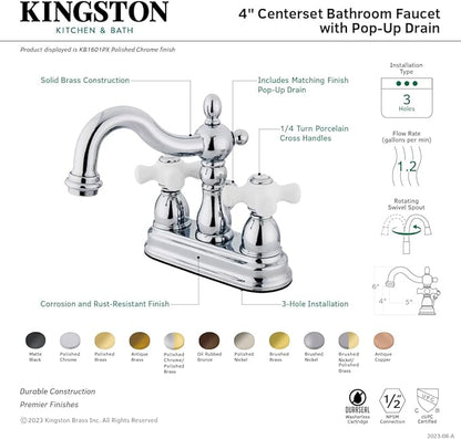 Kingston Brass KB1601PX Heritage 4-Inch Centerset Lavatory Faucet with Porcelain Cross Handle, Polished Chrome