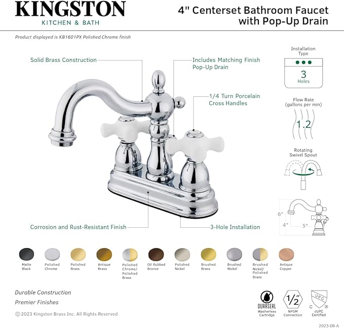 Kingston Brass KB1605PX Heritage 4-Inch Centerset Lavatory Faucet with Porcelain Cross Handle, Oil Rubbed Bronze , Oil-Rubbed Bronze