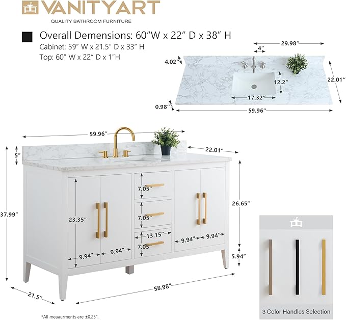 Vanity Art 60 inch Bathroom Vanity with Single Sink & Ceramic Top, Vanity Cabinet with Soft-Closing Doors, Drawers, Solid Wood Frame, White, VA9060-SW-BN1