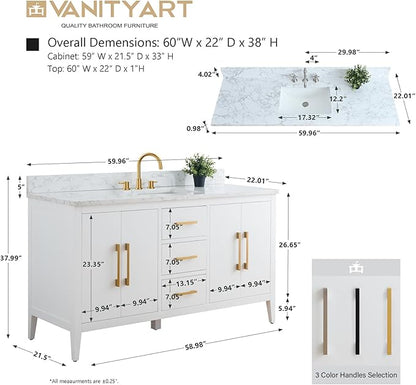 Vanity Art 60 inch Bathroom Vanity with Single Sink & Ceramic Top, Vanity Cabinet with Soft-Closing Doors, Drawers, Solid Wood Frame, White, VA9060-SW-BN1