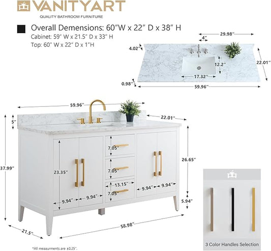 Vanity Art 60 inch Bathroom Vanity with Single Sink & Ceramic Top, Vanity Cabinet with Soft-Closing Doors, Drawers, Solid Wood Frame, White, VA9060-SW-BN1