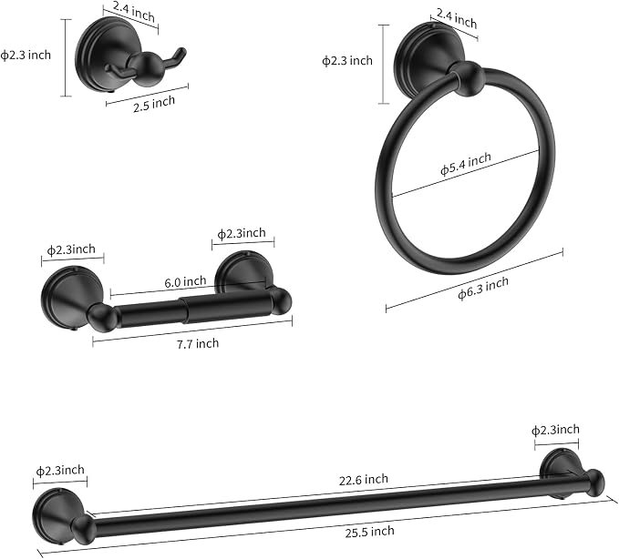 Newfun 8Pcs Matte Black Bathroom Accessories Set Towel Racks for Bathroom | Bathroom Hardware Set, 2 * 24 Inch Towel Bar for Bathroom 2*Toilet Paper Holder 2* Towel Ring Towel Holders 2* Hook