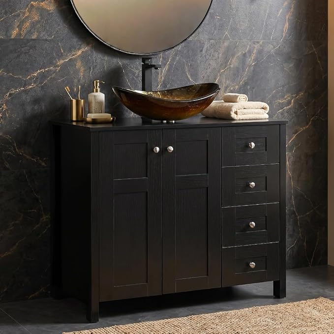 32'' Bathroom Vanity with Sink, Modern Bathroom Cabinet, Black | 2 Soft-Close Cabinet Doors, 4 Drawers, 2-Tier Inner Shelf, Freestanding Large Storage Cabinet, Without Sink