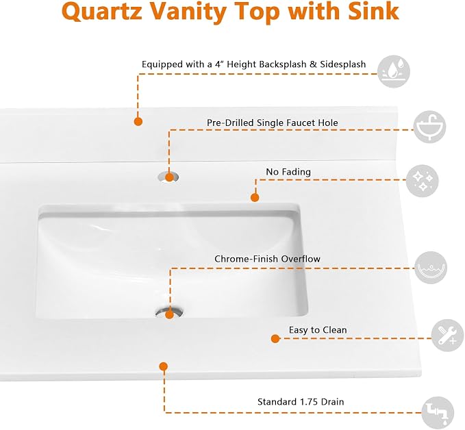 30" x 22" Vanity Top, Quartz Vanity Sink Top in Pure White, with One Sidesplash & One Backsplash, with Undermounted Rectangular Sink,Single Faucet Hole for Vanity Top with Sink