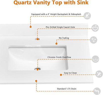 30" x 22" Vanity Top, Quartz Vanity Sink Top in Pure White, with One Sidesplash & One Backsplash, with Undermounted Rectangular Sink,Single Faucet Hole for Vanity Top with Sink