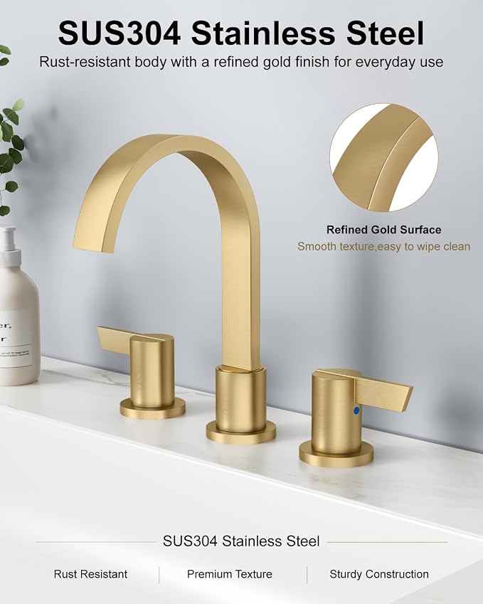 Gold 3 Hole Bathroom Faucet,8" Widespread Vanity Faucet | 2 Handle Waterfall Bathroom Sink Faucet with Pop-Up Drain,Supply Lines,360° Swivel Spout,Lead-Free Stainless Steel,Deck Mount