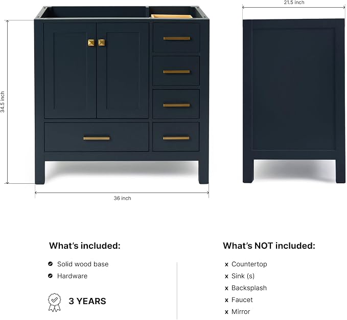 ARIEL Cambridge 36-inch Bathroom Vanity Base Cabinet,Solid Wood, 2 Soft Closing Doors, 5 Dovetail Drawers, Midnight Blue