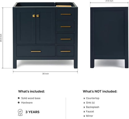 ARIEL Cambridge 36-inch Bathroom Vanity Base Cabinet,Solid Wood, 2 Soft Closing Doors, 5 Dovetail Drawers, Midnight Blue