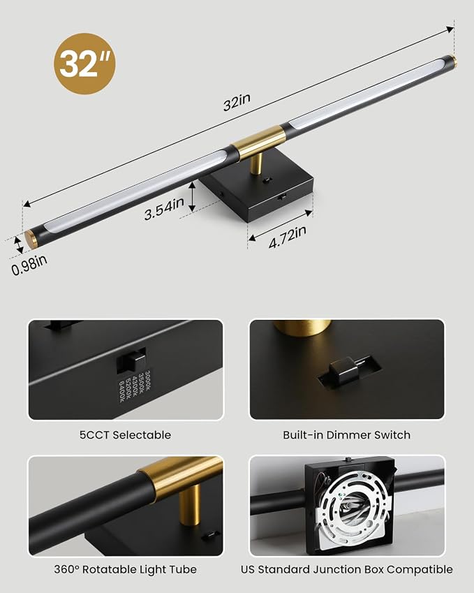Epinl 32 Inch Black and Gold Bathroom Vanity Light, 360° Rotatable LED Vanity Light Bar, 5CCT Dimmable Bathroom Lighting Fixture Over Mirror, High CRI Modern Vanity Lights for Bathroom, Bedroom
