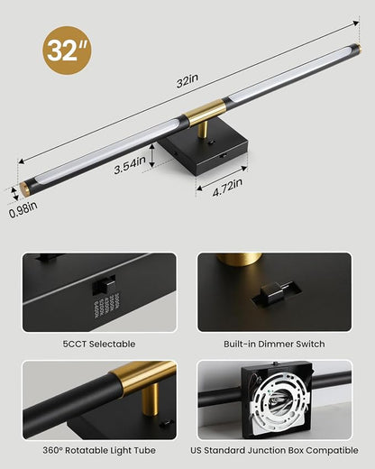 Epinl 32 Inch Black and Gold Bathroom Vanity Light, 360° Rotatable LED Vanity Light Bar, 5CCT Dimmable Bathroom Lighting Fixture Over Mirror, High CRI Modern Vanity Lights for Bathroom, Bedroom