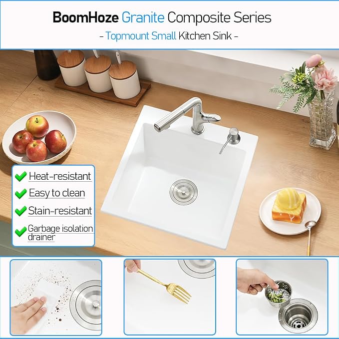 18 Inch Drop In Kitchen Sink, White | Granite Composite Drop In Sink Single Bowl Outdoor Quartz Rectangular Topmount Deep Basin with Small Rubber Squeegee,18x19x10