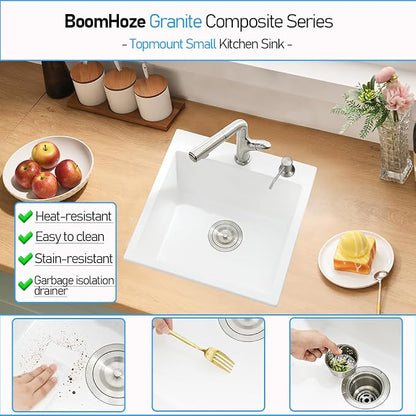 18 Inch Drop In Kitchen Sink, White | Granite Composite Drop In Sink Single Bowl Outdoor Quartz Rectangular Topmount Deep Basin with Small Rubber Squeegee,18x19x10