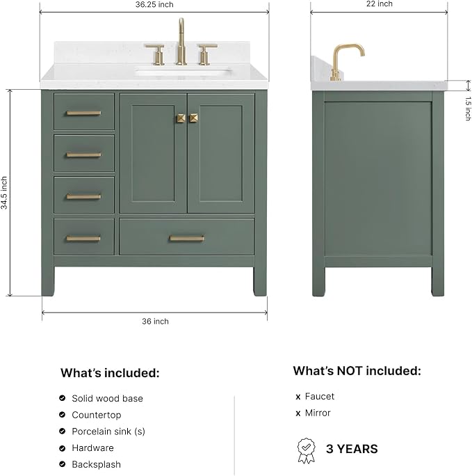 ARIEL Cambridge 36-inch Bathroom Vanity with Sink,Solid Wood, 1.5-inch Carrara White Quartz Countertop, Single Rectangular Porcelain Sink, 2 Soft Closing Doors, 5 Dovetail Drawers, Vintage Green