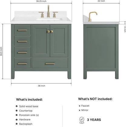 ARIEL Cambridge 36-inch Bathroom Vanity with Sink,Solid Wood, 1.5-inch Carrara White Quartz Countertop, Single Rectangular Porcelain Sink, 2 Soft Closing Doors, 5 Dovetail Drawers, Vintage Green