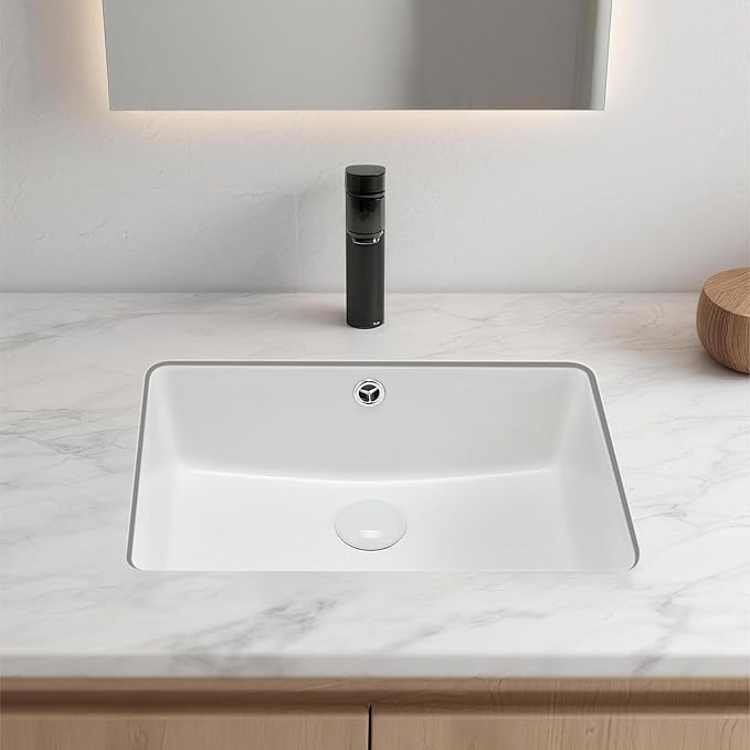 VEVOR Undermount Bathroom Sink, 18.5 x 13.19 Inch Rectangular White Ceramic Vessel Sink with Overflow Hole, Under Counter Drop in Modern Lavatory Vanity Bath Wash Bowl Basin, Rectangle Small Space