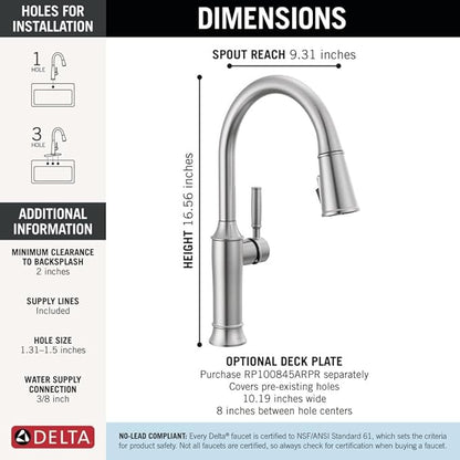 Delta Renaldi Kitchen Faucet with Pull Down Sprayer, Brushed Nickel Kitchen Sink Faucet, Delta ProClean Kitchen Faucet, Pull Down Kitchen Faucet, Lumicoat Arctic Stainless 9184-AR-PR-DST