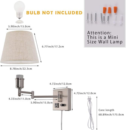 Bedside Wall Mount Light with Dimmable Switch and Outlet, Swing Arm Fabric Shade Wall Sconce Light with USB Port and Plug in Cord, Satin Nickel Wall Lamp for Bedroom, Living Room and Hotel