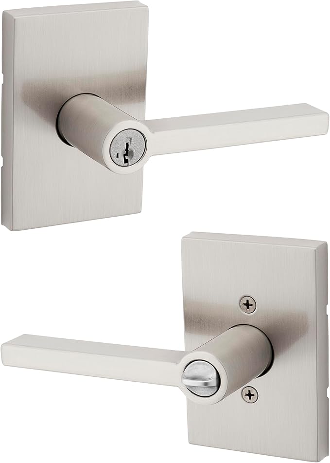 Kwikset Halifax Entry Door Handle with Lock and Key, Secure Keyed Reversible Lever Exterior, for Front Entrance and Bedrooms, Satin Nickel, Pick Resistant Smartkey Rekey Security and Microban