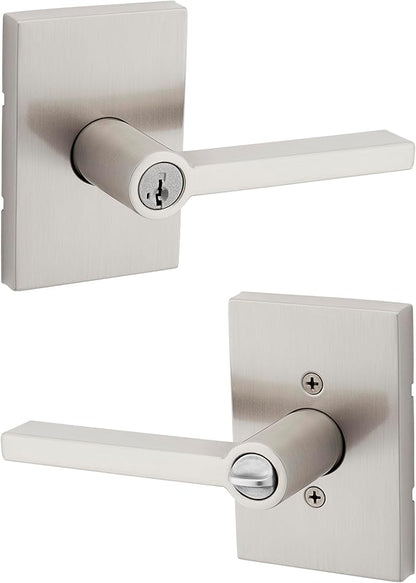 Kwikset Halifax Entry Door Handle with Lock and Key, Secure Keyed Reversible Lever Exterior, for Front Entrance and Bedrooms, Satin Nickel, Pick Resistant Smartkey Rekey Security and Microban