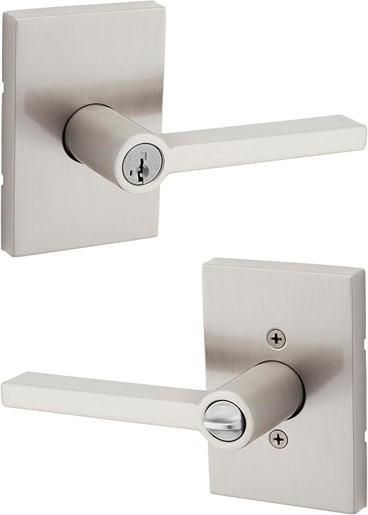 Kwikset Halifax Entry Door Handle with Lock and Key, Secure Keyed Reversible Lever Exterior, for Front Entrance and Bedrooms, Satin Nickel, Pick Resistant Smartkey Rekey Security and Microban