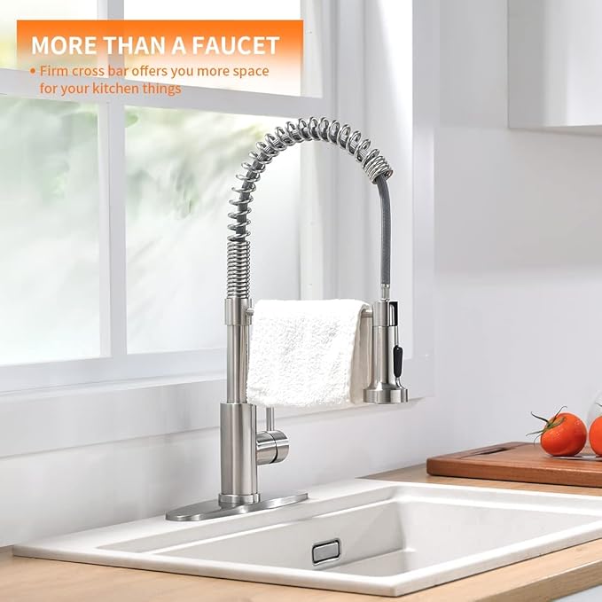 OWOFAN Kitchen Faucet Low Lead Commercial Solid Brass Single Handle Single Lever Pull Out Pull Down Sprayer Spring Kitchen Sink Faucet, Brushed Nickel Kitchen Faucets 866053SN